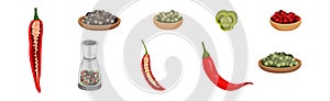 Black Pepper and Chili Corn Piled on Plate as Dry Condiment and Spice Vector Set