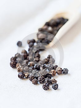 Black pepper (Piper nigrum) on white background, close up.