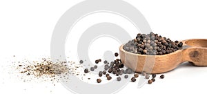 Black pepper seeds on white background. Food ingredients
