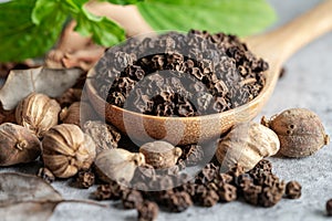 Black pepper and siam cardamom Amomum krervanh Pierre, Asia dried spices herb for drug and Thai cooking for good health