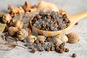 Black pepper and siam cardamom Amomum krervanh Pierre, Asia dried spices herb for drug and Thai cooking for good health