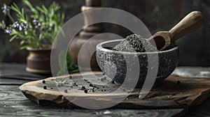Black pepper in a stone bowl on a rustic table