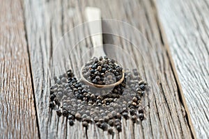 Black pepper in wooden spoon.