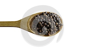 Black pepper on wooden spoon , isolated on white background, wit