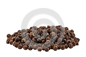 Black peppercorns isolated on white background with copy space for text or images. Spices and herbs. Packaging concept