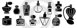 Black perfume bottles. Abstract elegant male cologne bottles, luxury female fragrance sprayer. Vector cologne set