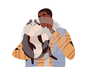 Black person charmed with cute funny cat. Pet owner holding adorable kitty. Happy man with amusing shaggy fluffy feline