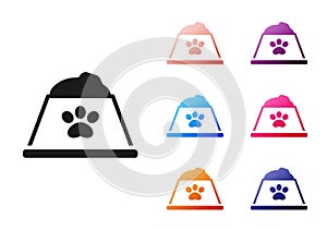 Black Pet food bowl for cat or dog icon isolated on white background. Dog or cat paw print. Set icons colorful. Vector