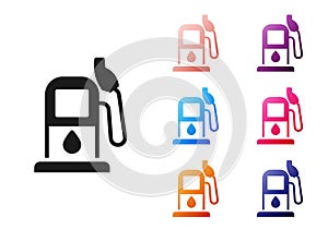 Black Petrol or gas station icon isolated on white background. Car fuel symbol. Gasoline pump. Set icons colorful