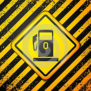 Black Petrol or Gas station icon isolated on yellow background. Car fuel symbol. Gasoline pump. Warning sign. Vector