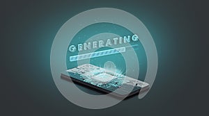 Black phone artificial intelligence generating process mockup, dark background