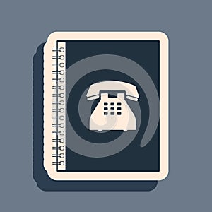 Black Phone book icon isolated on grey background. Address book. Telephone directory. Long shadow style. Vector