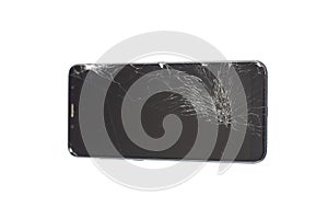 Black phone with a broken sensor and screen, cracked touchscreen glass on a white background isloate