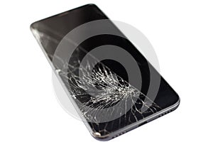 Black phone with a broken sensor and screen, cracked touchscreen glass on a white background isloate