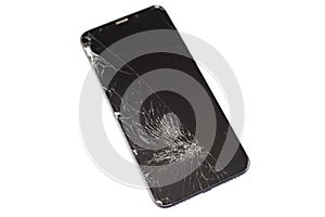 Black phone with a broken sensor and screen, cracked touchscreen glass on a white background isloate