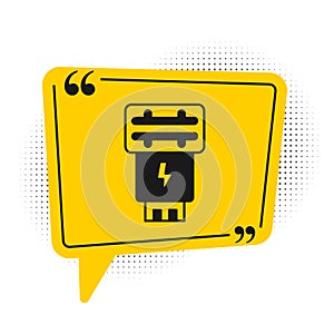 Black Photo camera flash icon isolated on white background. Yellow speech bubble symbol. Vector
