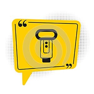 Black Photo camera flash icon isolated on white background. Yellow speech bubble symbol. Vector