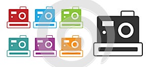 Black Photo camera icon isolated on white background. Foto camera. Digital photography. Set icons colorful. Vector