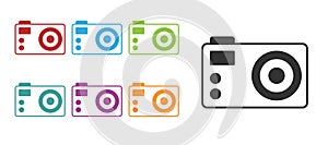 Black Photo camera icon isolated on white background. Foto camera. Digital photography. Set icons colorful. Vector