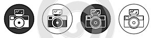 Black Photo camera with lighting flash icon isolated on white background. Foto camera. Digital photography. Circle