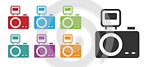 Black Photo camera with lighting flash icon isolated on white background. Foto camera. Digital photography. Set icons