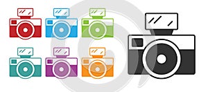 Black Photo camera with lighting flash icon isolated on white background. Foto camera. Digital photography. Set icons