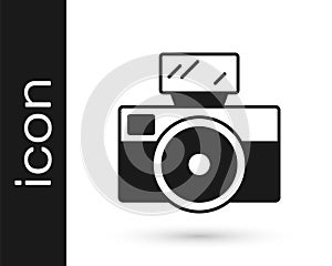 Black Photo camera with lighting flash icon isolated on white background. Foto camera. Digital photography. Vector