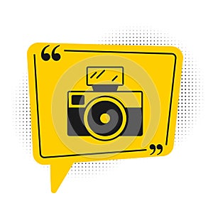 Black Photo camera with lighting flash icon isolated on white background. Foto camera. Digital photography. Yellow