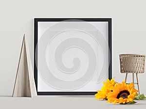 Black photo frame with flowers, 3d Illustration