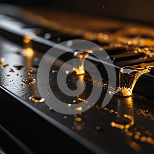 Black Piano Notes Dripping in Golden tones with drops of water and fire on the surface photo