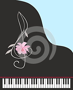 Black piano with an open keyboard, treble clef in the shape of flower. Vertical greeting card or poster in vector. Space for text photo