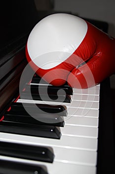 Black piano with red and white boxing gloves