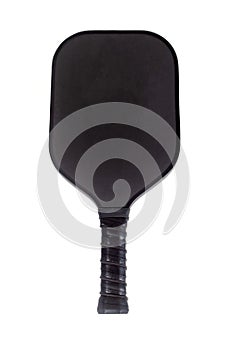 Black pickleball paddle in isolated white background.