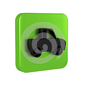 Black Pickup truck icon isolated on transparent background. Green square button.