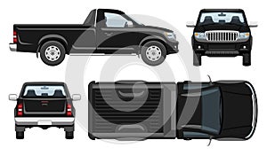 Black pickup vector template. Vehicle branding mockup side, front, back top view