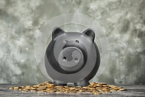 Black piggy bank and coins