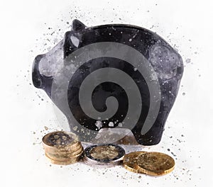 Black piggy bank with euro coins watercolor