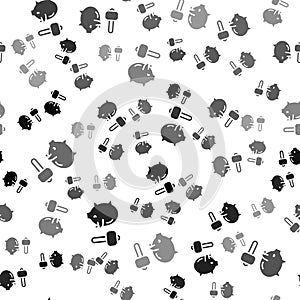 Black Piggy bank and hammer icon isolated seamless pattern on white background. Icon saving or accumulation of money