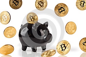 Black piggy bank with lots of bitcoins