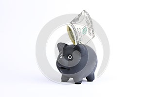 Black piggy bank with one hundred dollars bill falling into slot on a white studio background