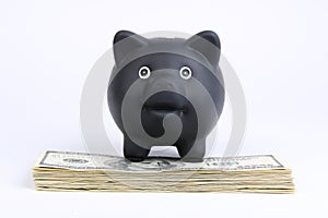 Black piggy bank standing on stack of money american hundred dollar bills on white background