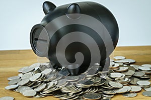 Black piggy bank on top of coins as saving or financial wealth c