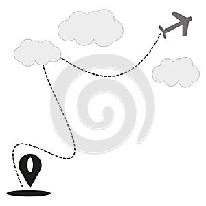 Black pin path airplane. Airplane fly. Travel concept. Road trip. Vector illustration. stock image.