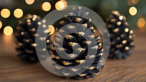 Black Pine Cones Decorated With Gold Glitter