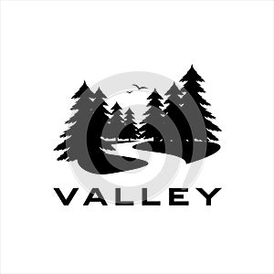 Black pine tree silhouette river valley illustration logo design