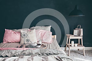 Black and pink bedroom in loft style