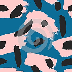 Black and pink brush strokes on blue background. Modern seamless pattern.