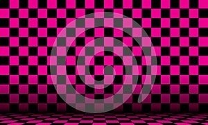 Black and pink checkered abstract cosmic background with perspective view.