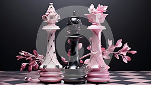 Black and pink chess pieces with flowers on a gray background