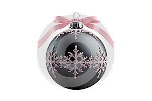 black pink Christmas ball with ribbon and a bow on white background. Generative AI